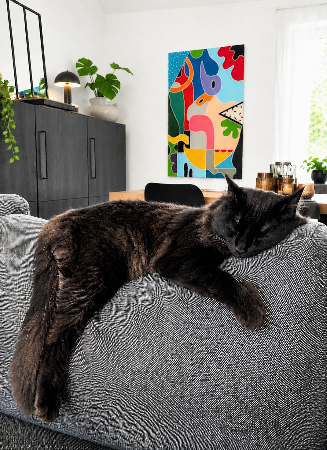 Compagnon d’atelier dans un intérieur avec une œuvre de L’Atelier M.
